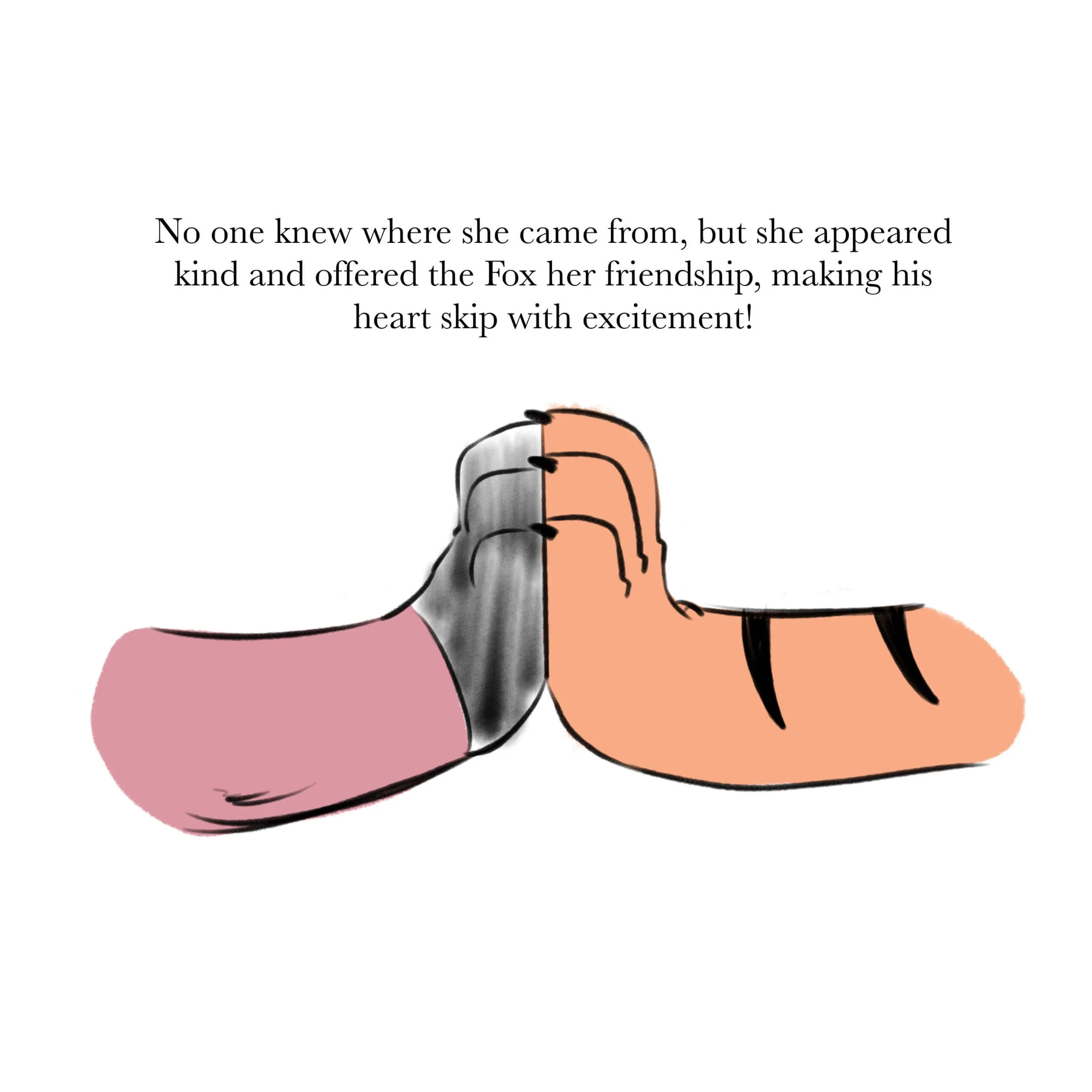 Illustration of a paw and a tail touching, with text about friendship between a mysterious character and a fox.