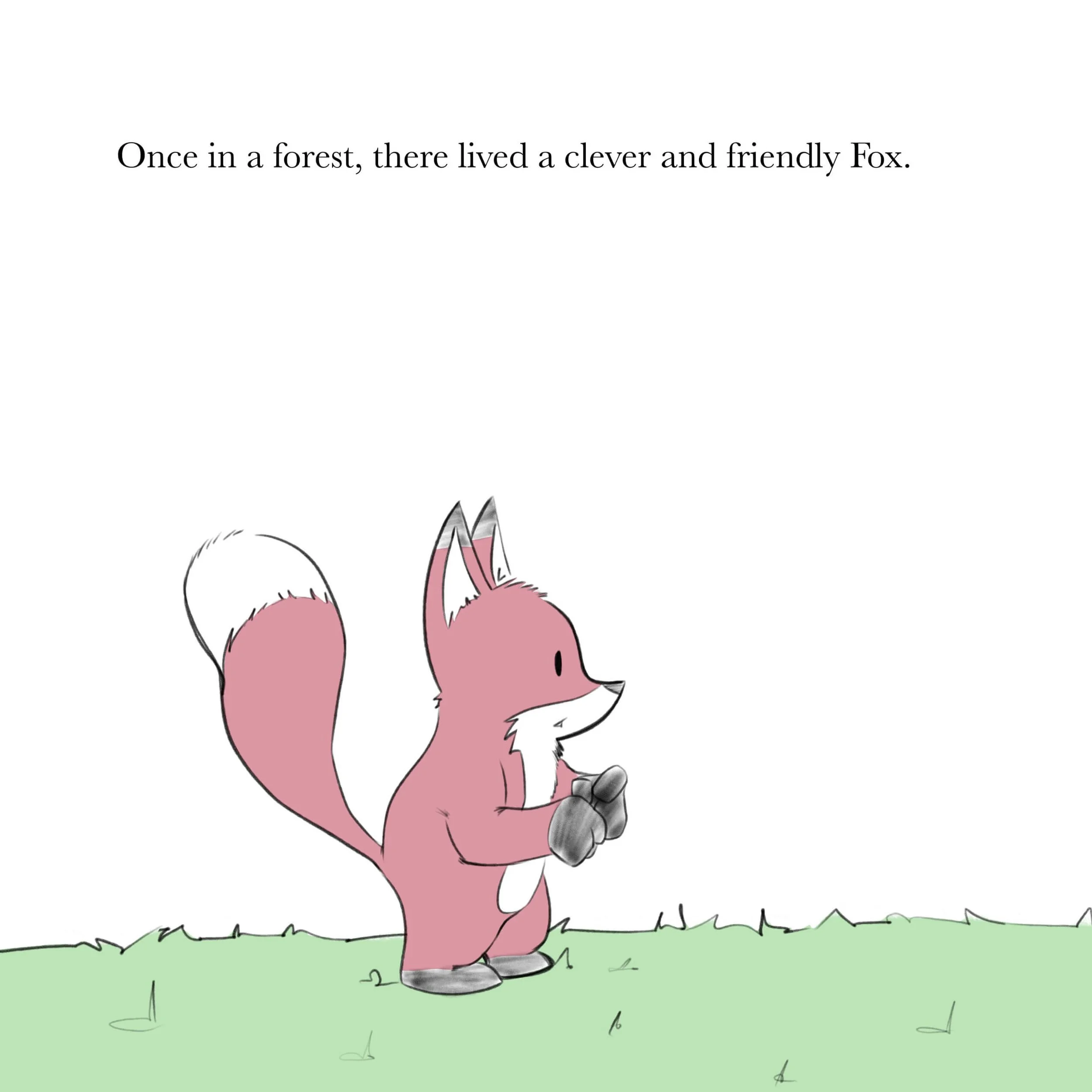 Illustration of a cute, smiling fox standing on green grass, holding its hands together. Above, text reads "Once in a forest, there lived a clever and friendly Fox."