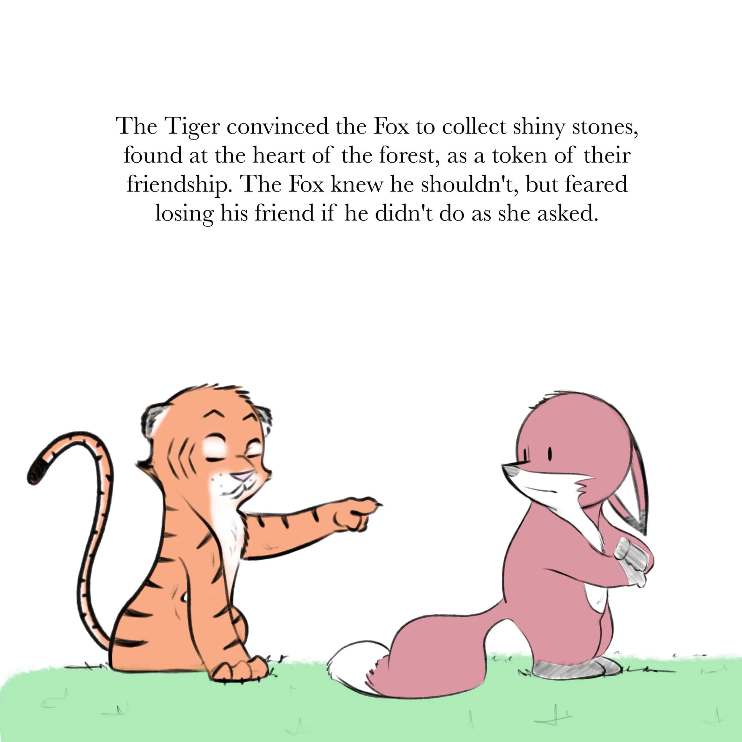 Illustration of a cartoon tiger and fox on grass. The tiger is pointing at the fox, which is holding shiny stones. Above them, text describes the tiger convincing the fox to collect shiny stones as a token of friendship.