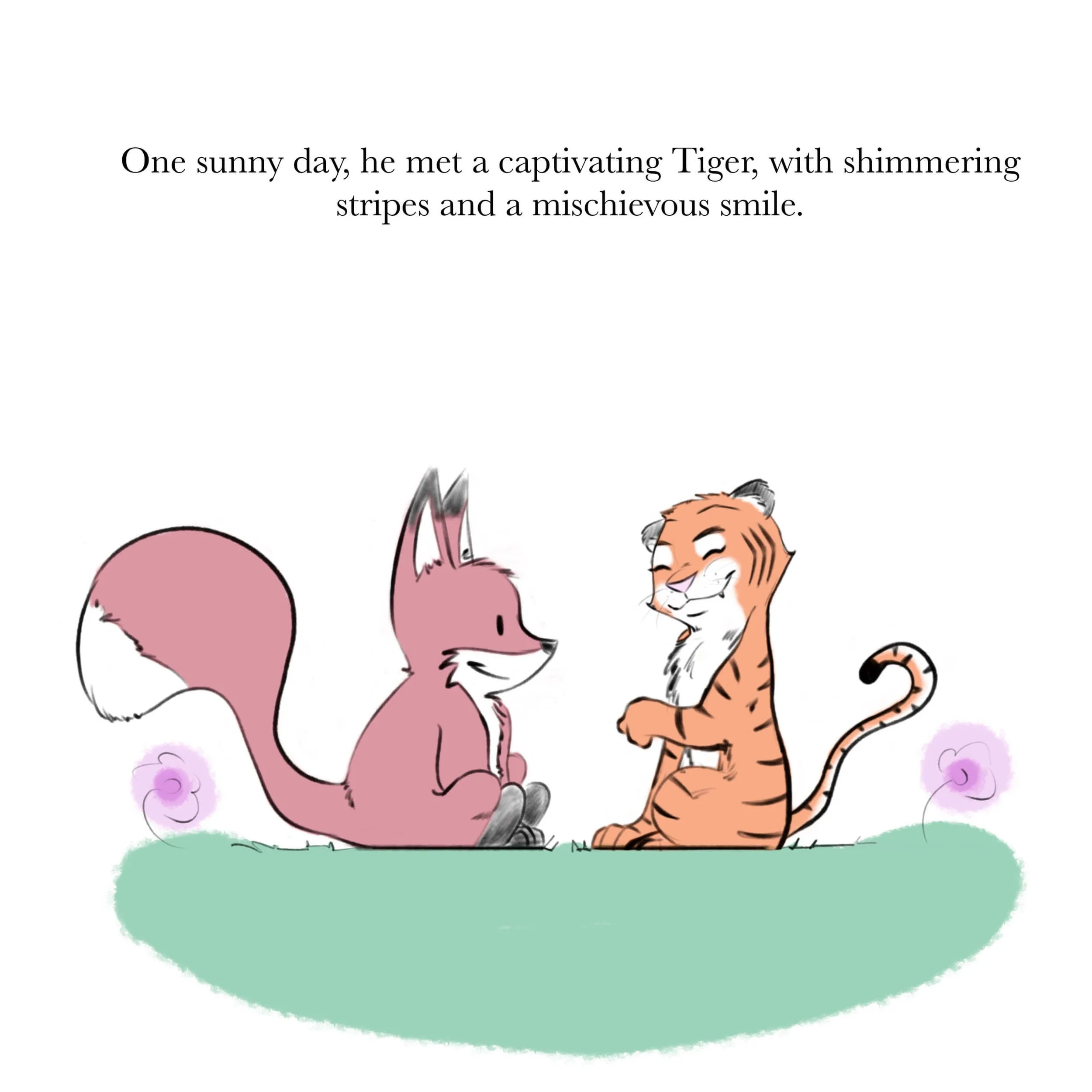 Illustration of a cartoon fox and tiger sitting on grass, smiling at each other with purple flowers around them. Text above reads: "One sunny day, he met a captivating Tiger, with shimmering stripes and a mischievous smile."