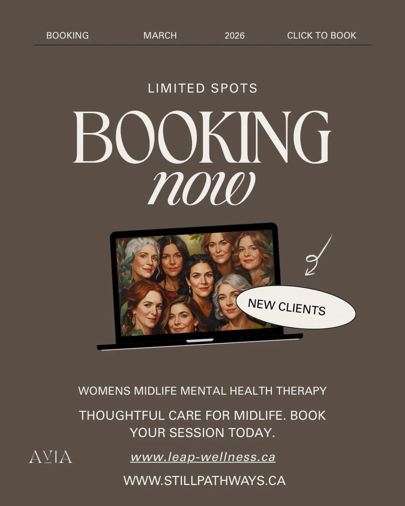 A few assessment spots remain for AVIA this month.

AVIA was created through the collaboration of Leap Wellness and STILL Therapeutic Pathways to support individuals navigating midlife mental health with thoughtful, whole-person care.

If you&rsquo;v