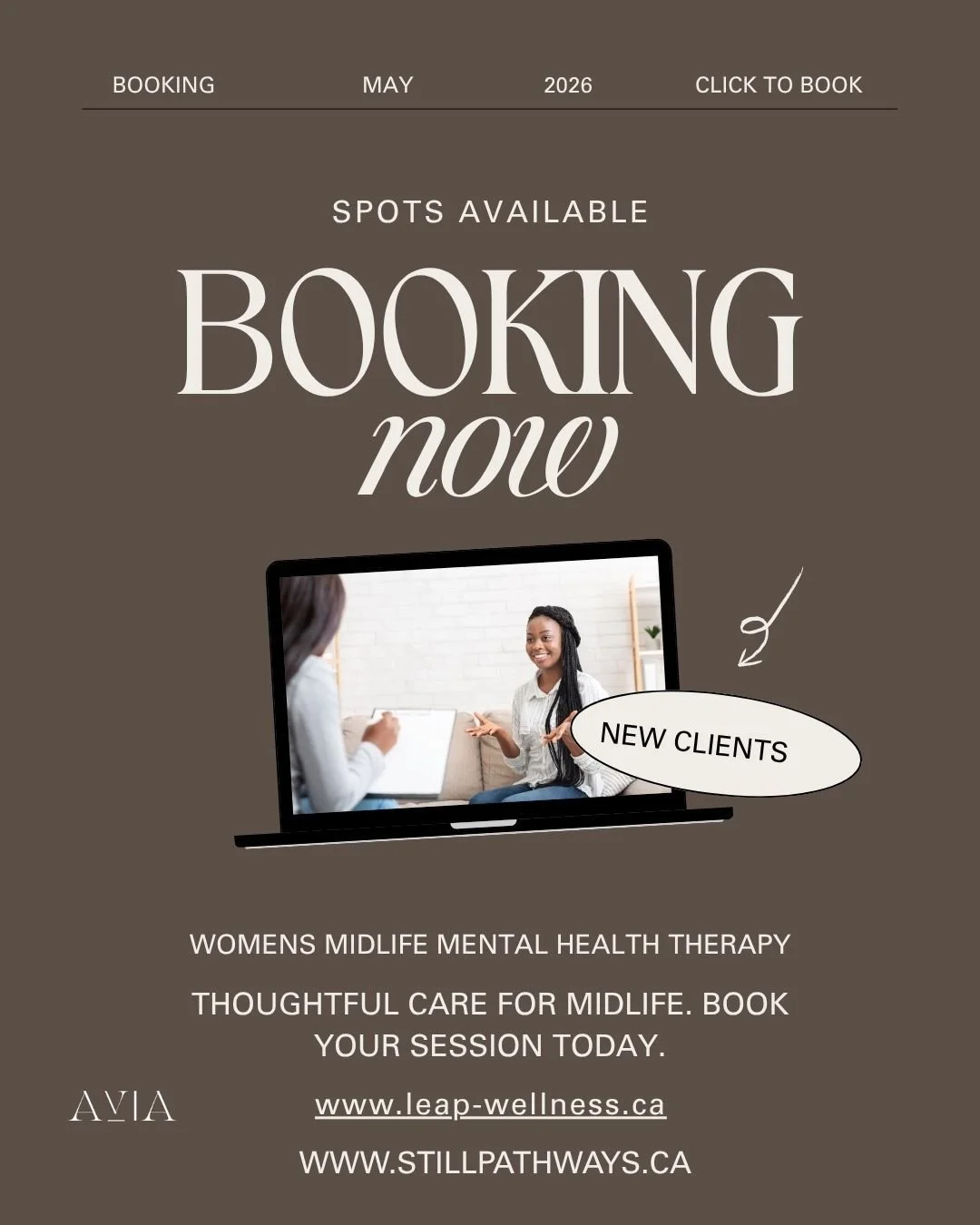 Now booking for May.

Thoughtful, down to earth support for the emotional and psychological shifts of midlife.

We take the time to understand the whole picture so you feel supported, not rushed.

Limited availability. Book your spot by phone, email 