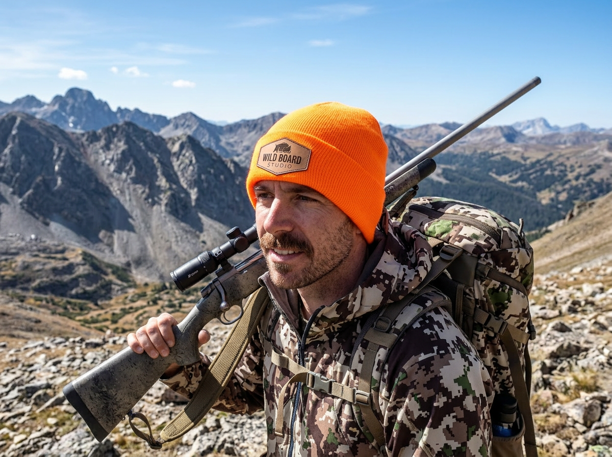 A man hiking in a mountain landscape carrying a rifle on his shoulder, wearing camouflage clothing and an orange beanie.