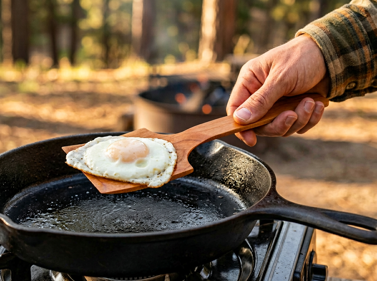 Handcrafted wooden spatula scraper flipping a fried egg in a cast iron skillet at a campsite — Wild Board Studio