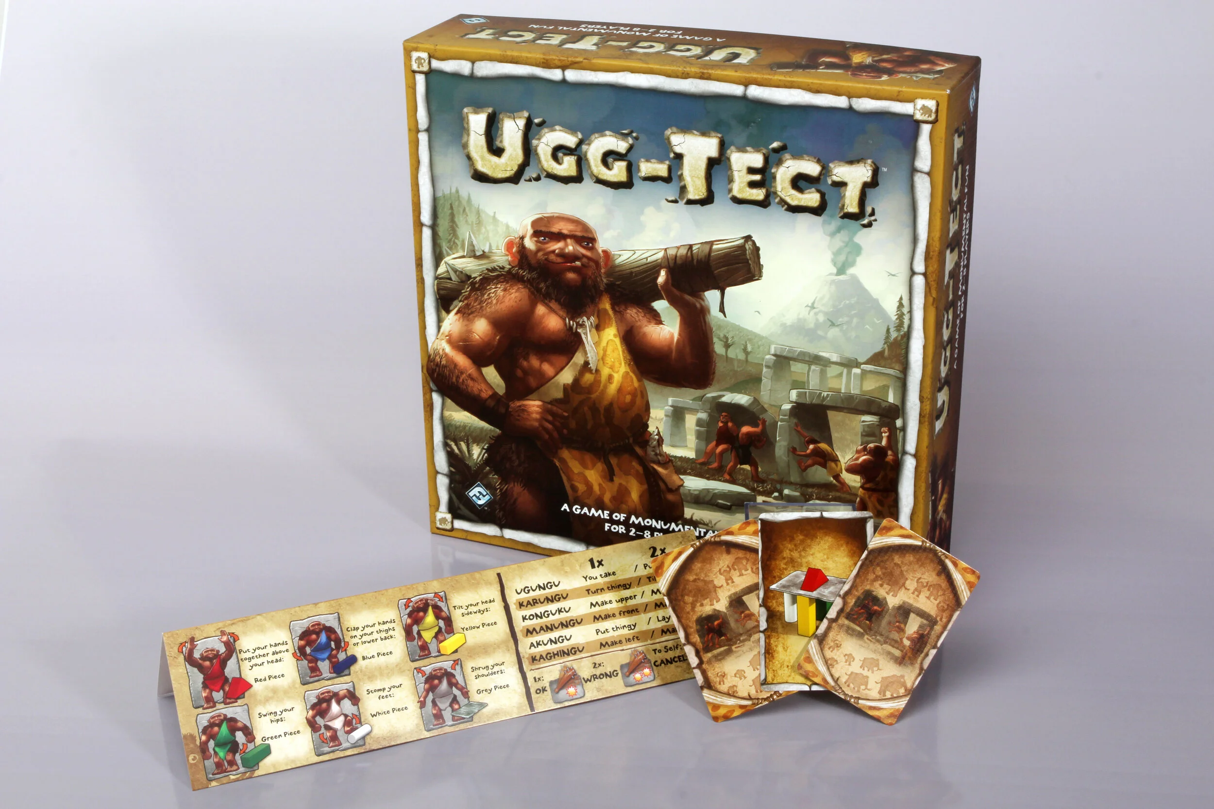 Ugg-Tect. We designed cards, packaging, and the all-important reference tab that teaches players how to speak caveman!