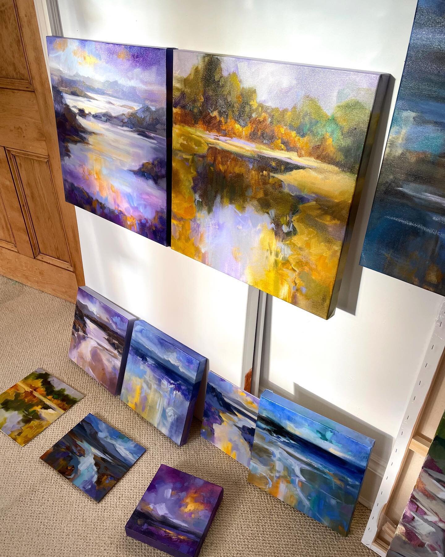 I have plans for studio shelves for this corner&hellip;but in the meantime we stack and use the floor. 😄 I spent the day editing, glazing and making little colour changes to these paintings to get them ready for sale next week. They will all be avai