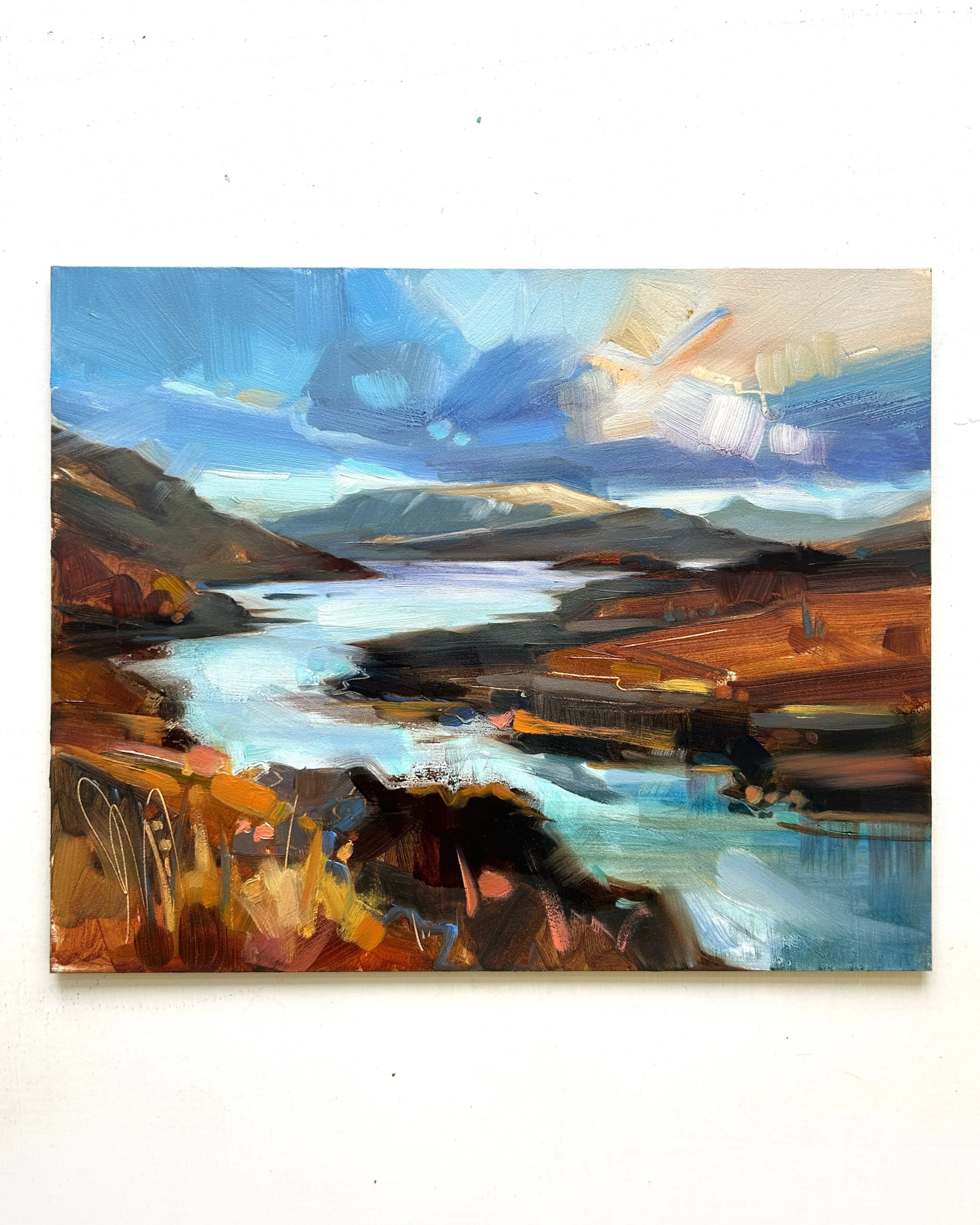 Late winter in the north west. Looking up Loch Gleann Dubh from Kylesku. Capturing that moment when the sun comes through the clouds and everything comes alive again. ✨ 

#scotland #scottishhighlands #oilpainting #scottishart #expressivepainting