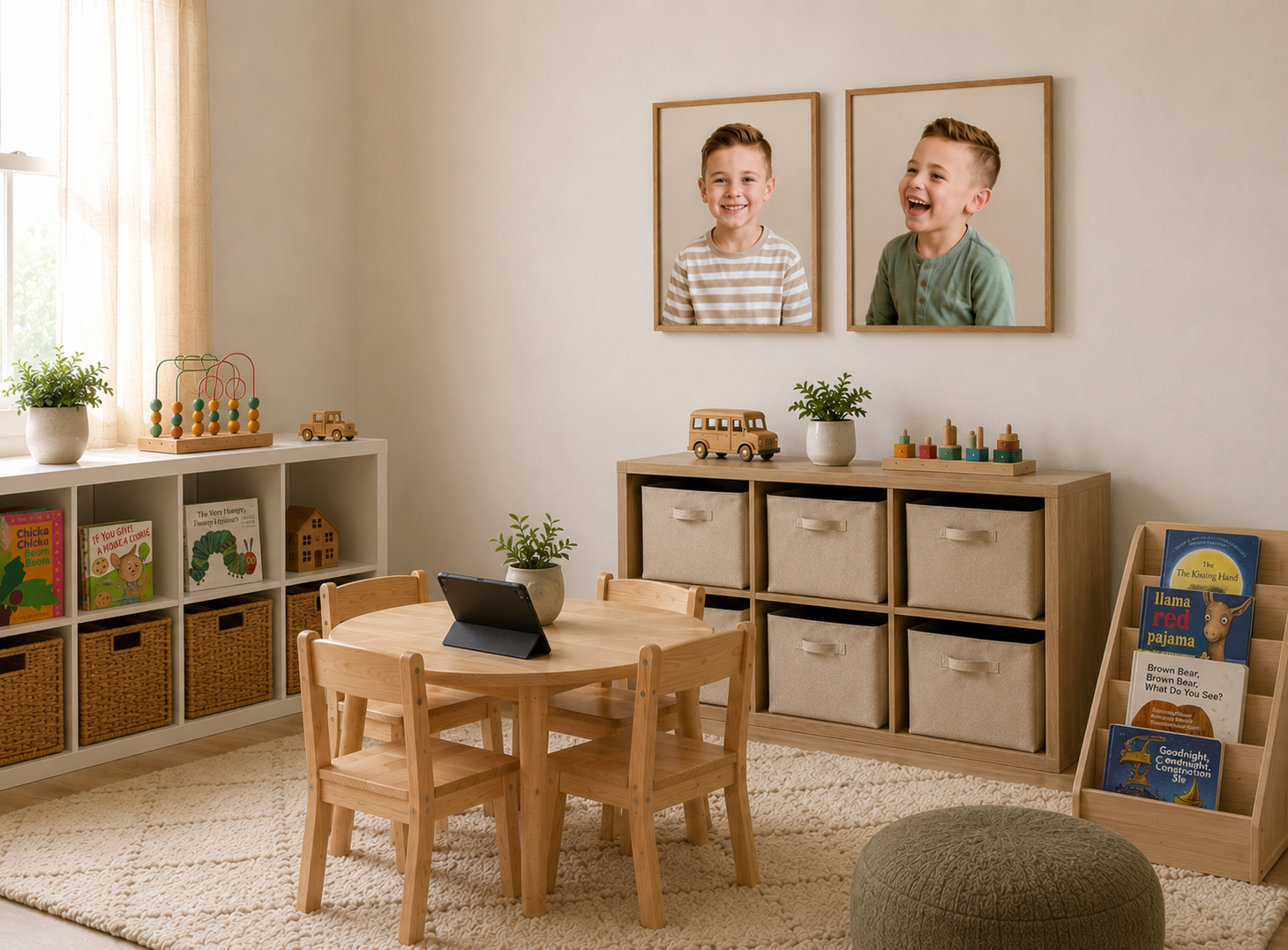 Preschool toy room with 2 framed school photos on wall