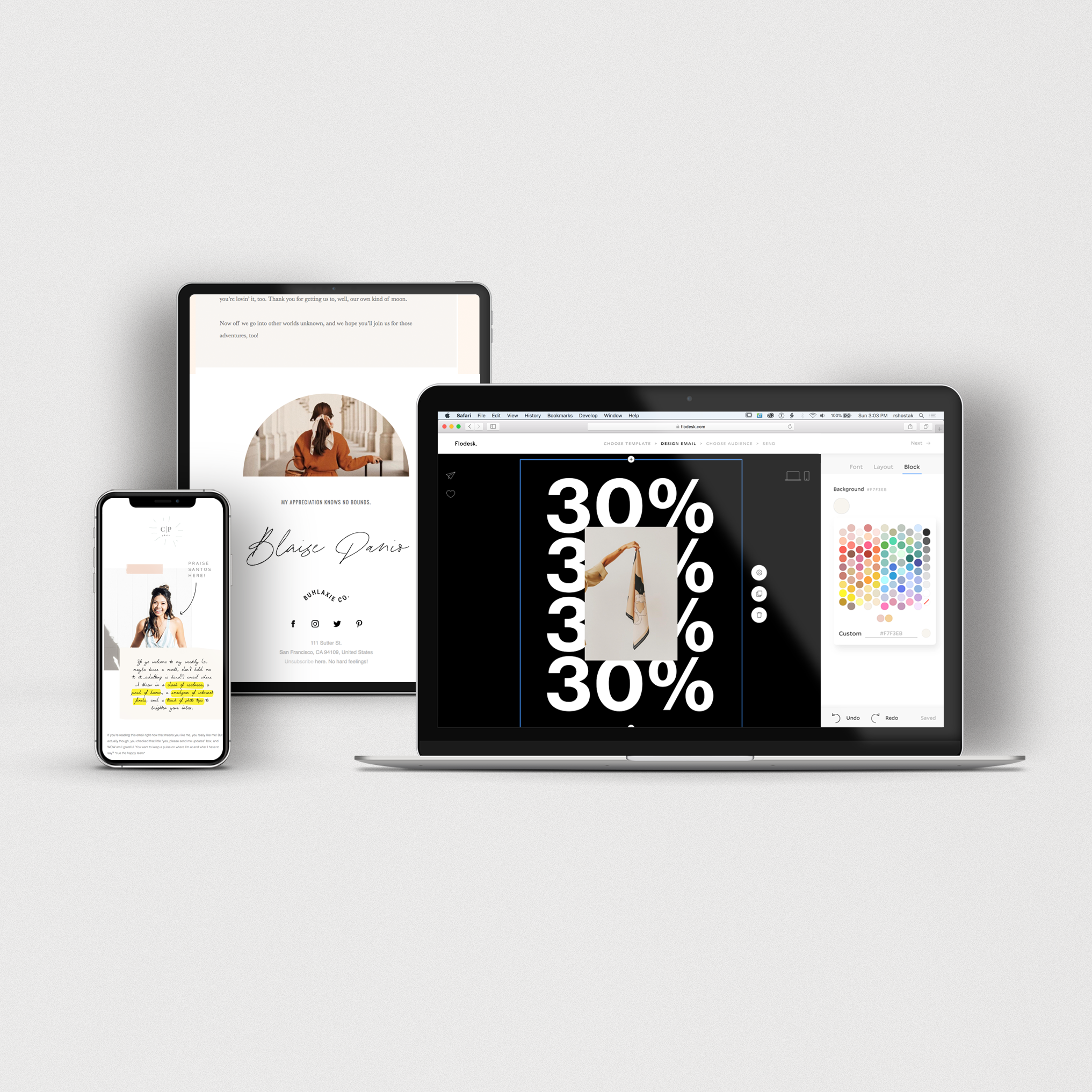 Three digital devices displaying different screens: a smartphone shows an image and text, a tablet with an article or email content, and a laptop showing a design editor with a 30% text and color palette.