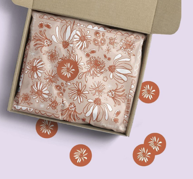 Open cardboard packaging box with floral-patterned paper and floral stickers on a light purple background.