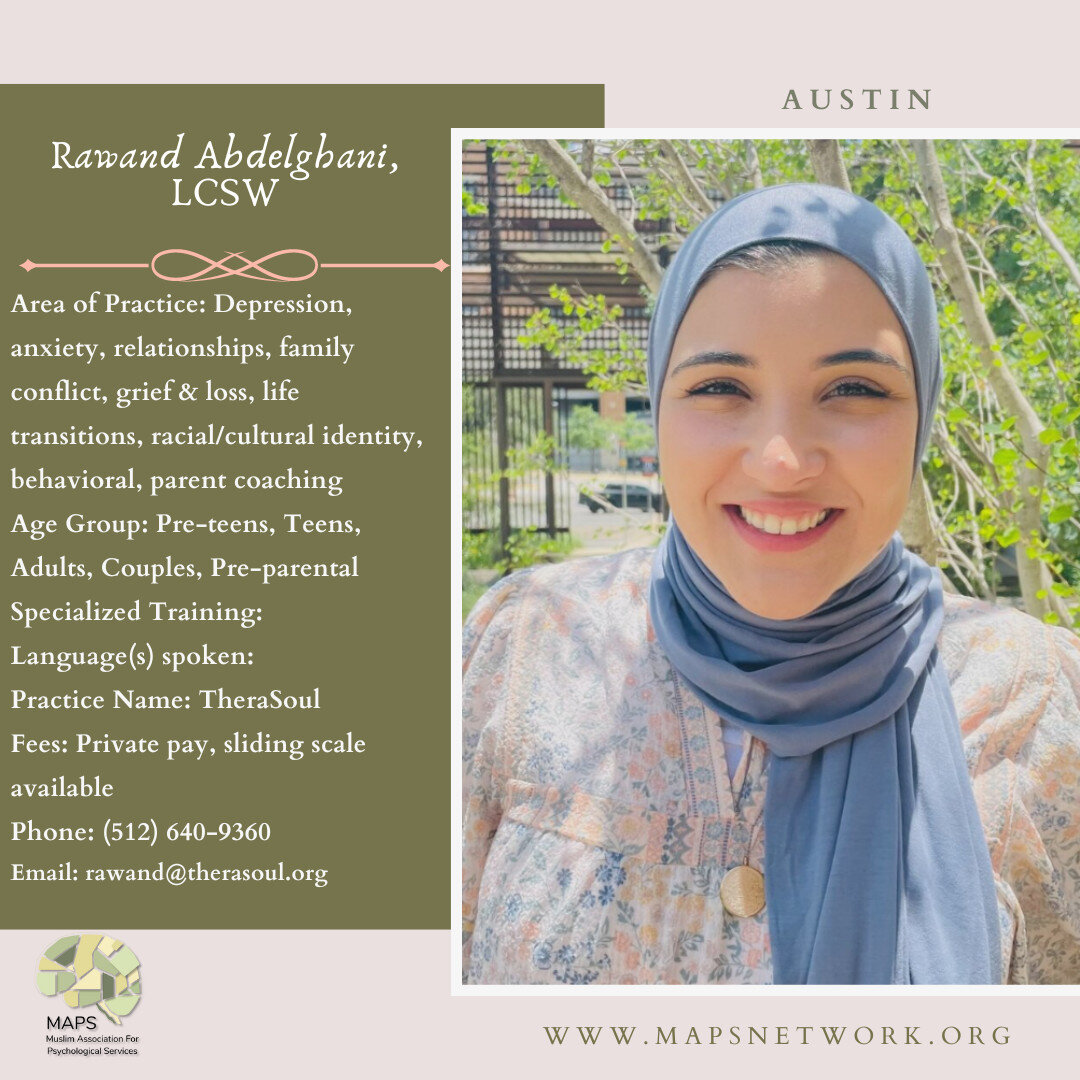 Introducing Rawand Abdelghani . Rawand is a Licensed Clinical Social Worker (LCSW) and therapist. She earned her Masters of Science in Social Work and her B.A. in Psychology from the University of Texas at Austin. She has over 5 years of experience p