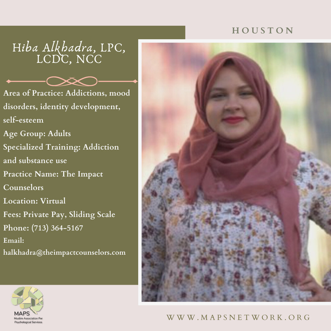 Introducing Hiba Alkhadra. Hiba is a Licensed Professional Counselor. Hiba completed her master&rsquo;s degree in counseling from Houston Baptist University and her bachelor&lsquo;s degrees in psychology and economics with a minor in religious studie