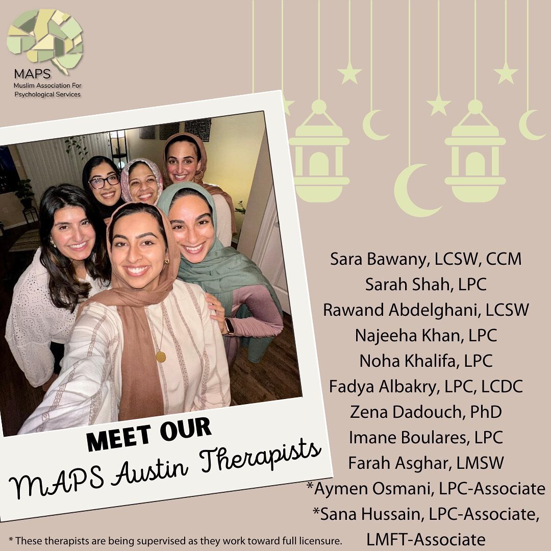 Jum&rsquo;uahtul Wida Mubarak from our MAPS Austin therapists! 🙏🏽❤️

We are looking forward to serving the Austin Muslim community and are taking new clients! Get to know us by clicking on our profiles below, or do a web search of our names to lear