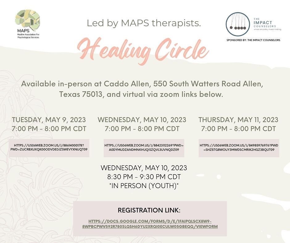 Please join one of our official MAPS healing circles this week. There are both virtual options and in person. 

Tuesday, May 9th - 7-8 pm
Wednesday, May 10th - 7-8 pm
Thursday, May 11th - 7-8 pm 

Please share widely!