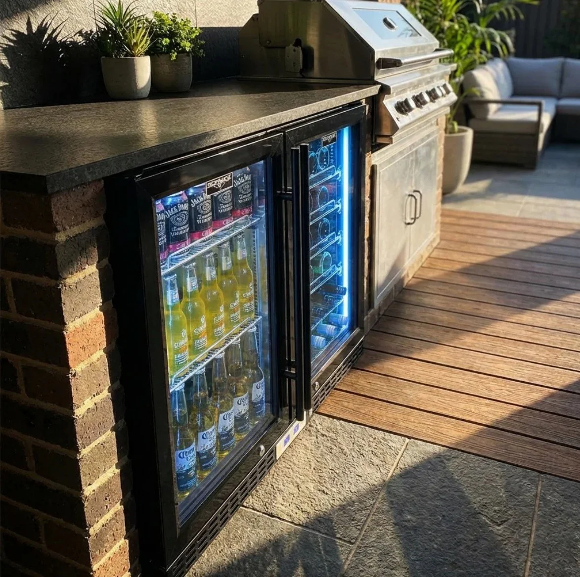 Outdoor kitchen area with a brick counter, a mini fridge stocked with beverages, a grill, and a seating area in the background.