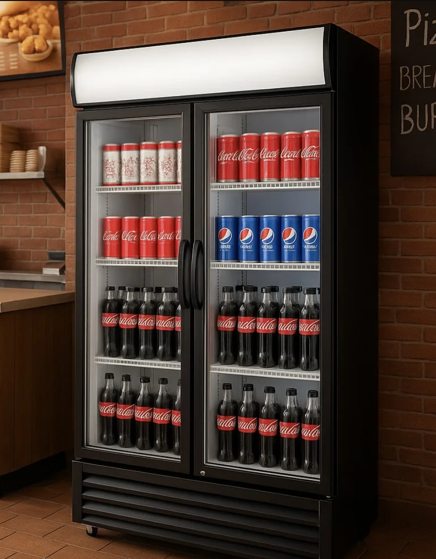 A vending refrigerator stocked with Coca-Cola and Pepsi bottles in a restaurant or cafe setting.