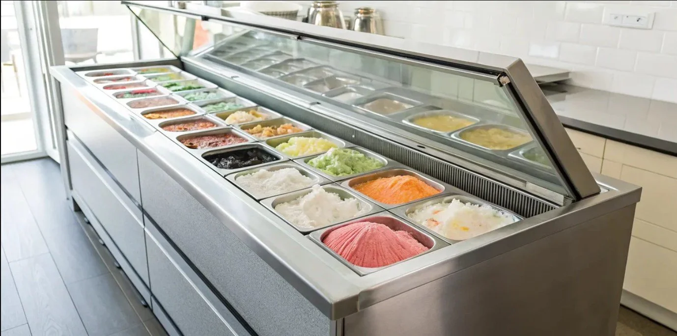A commercial ice cream or gelato display freezer filled with various flavored ice creams or gelatos in metal containers.