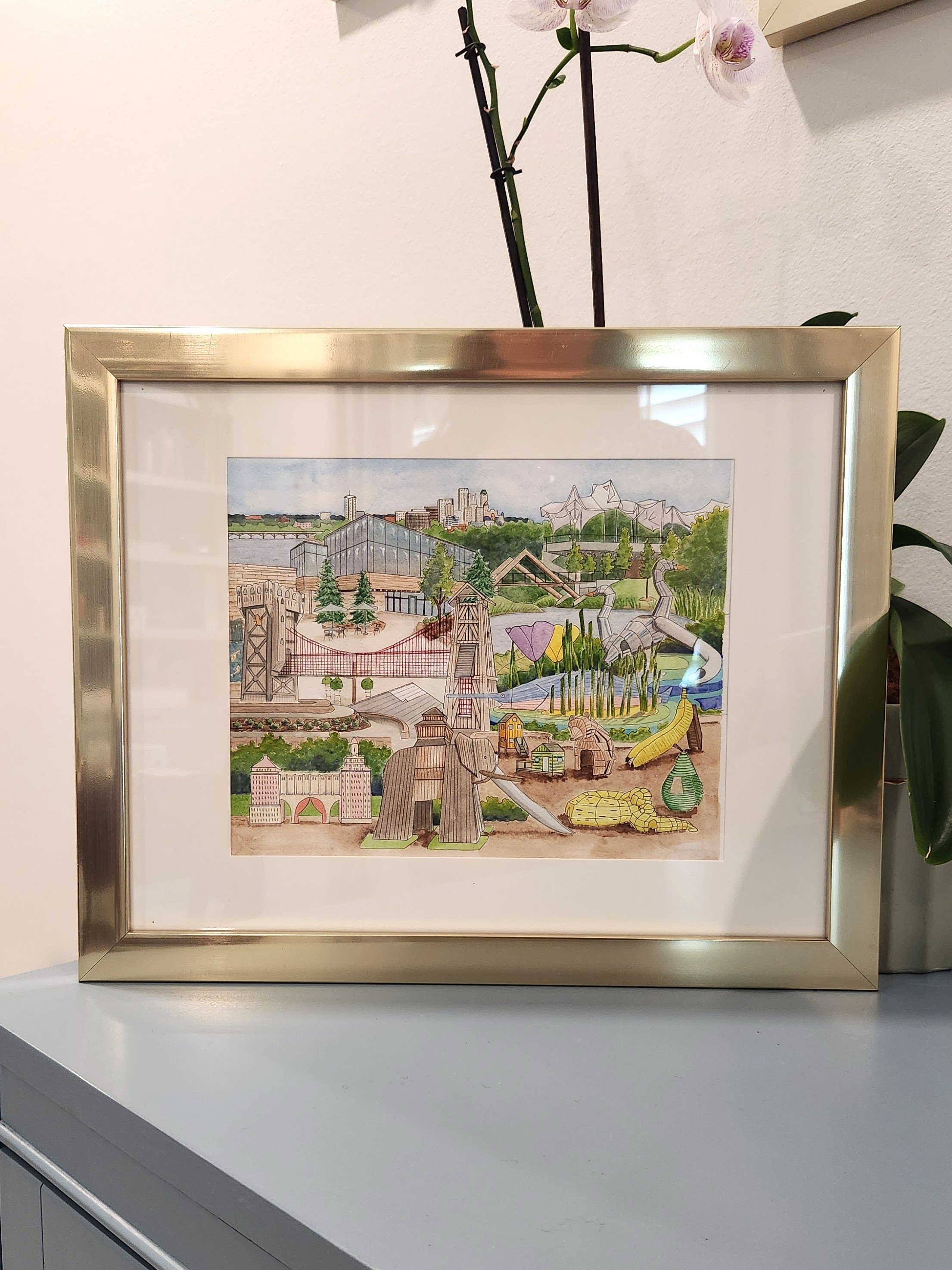 Art in the Square - Tulsa Park Watercolor Framed  ORIGINAL