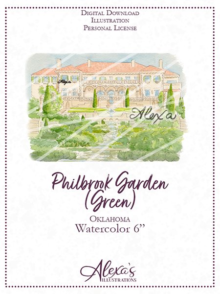 Watercolor illustration of Philbrook Garden in Oklahoma, perfect for wedding invitations. Wedding venue invitation art by custom wedding artist Alexa's Illustrations. wedding invitation art for philbrook wedding by oklahoma wedding invitation artist 