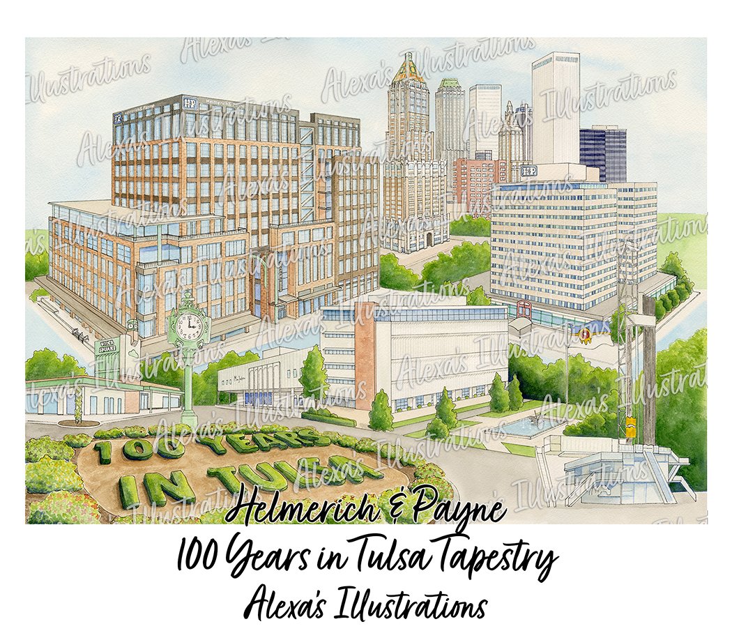 Helmerich & Payne H&P celebrates 100 years in tulsa with custom watercolor painting by Tulsa artist Alexa's Illustrations. Downtown tulsa art, utica square, tulsa art deco art.
