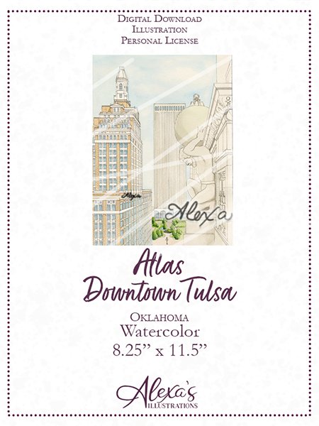 Tulsa Wedding Artist Alexa's Illustrations Tulsa skyline Art deco envelope liner watercolor painting. Tulsa wedding invitations.