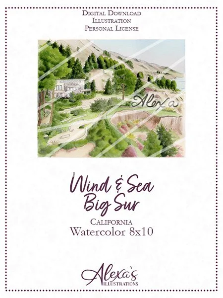 Wedding invitation art by Alexa's Illustrations Big Sur California wedding venue Wind and Sea Hotel