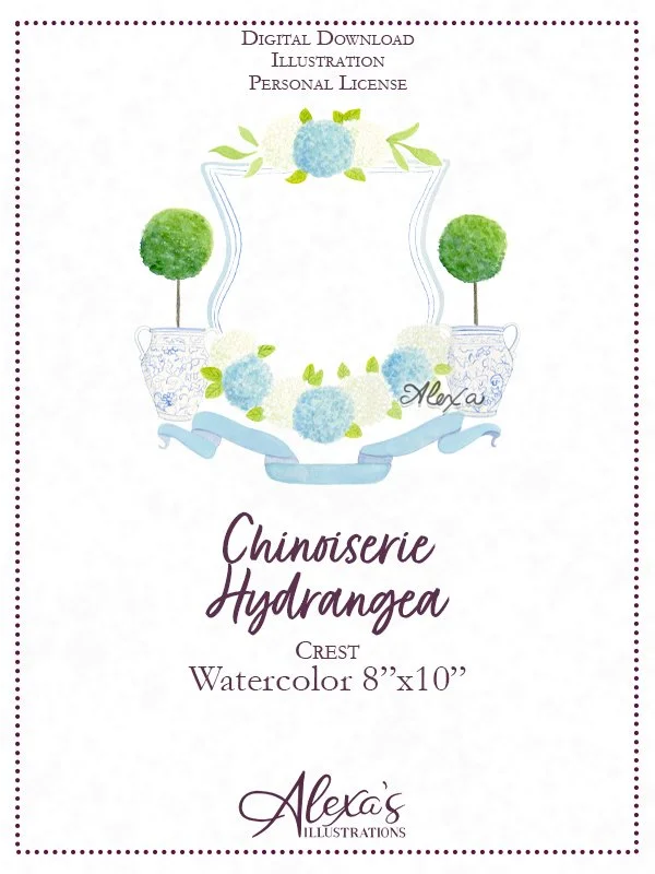 Crest Chinoiserie Hydrangeas watercolor 8x10 (C) Alexa's Illustrations.jpg