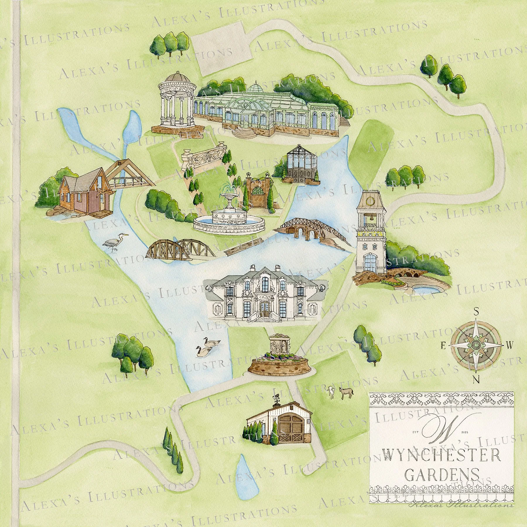 Wynchester Gardens Oklahoma wedding venue watercolor map and venue art by Oklahoma wedding artist alexa's Illustrations. Luxury wedding venue european style in Oklahoma.