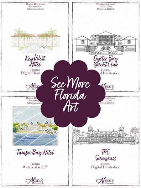 A digital collage of four Florida-themed art designs, each featuring a different travel or vacation destination, with a central purple graphic stating "See More Florida Art." The designs include Key West Hotel, Oyster Bay Yacht Club, Tampa Bay Hotel, and TPC Sawgrass, with illustrations of scenic landscapes, buildings, and water.