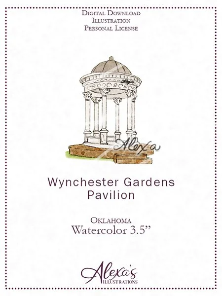 Wynchester Gardens Oklahoma Wedding invitation art by Alexa's Illustrations. Oklahoma wedding artist. Wedding venue invitation painting. Pavilion