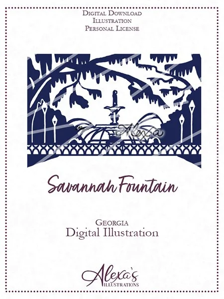 Wedding invitation art by Alexa's Illustrations Georgia wedding venues Savannah fountain