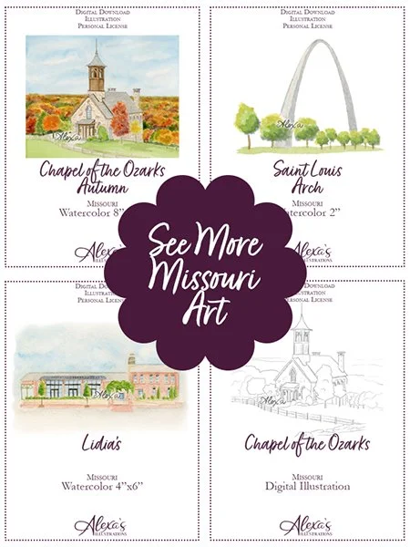 Four illustrations of Missouri landmarks including Chapel of the Ozarks during autumn, Saint Louis Arch, Lidia's restaurant, and Chapel of the Ozarks in outline, with a purple circle in the center reading 'See More Missouri Art.'