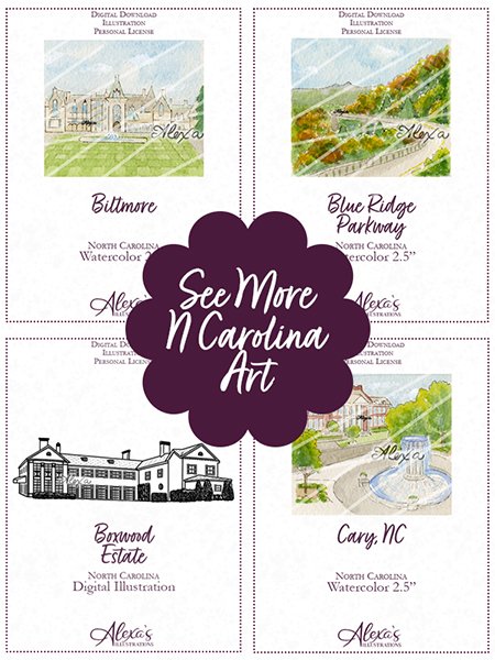 Four watercolor landscape prints of North Carolina locations with a central purple flower-shaped overlay saying "See More N Carolina Art." The locations are Baltimore, Blue Ridge Parkway, Boxwood Estate, and Cary, NC.