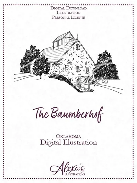 The Baumberhof OKC wedding invitation art by oklahoma wedding artist Alexa's Illustrations. The Baumberhof venue illustration