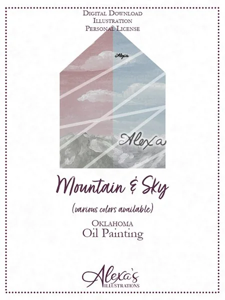 Oil Painting Envelope Liner fine art clouds and mountains pink sky painting wedding invitation by oklahoma wedding artist Alexa's Illustrations
