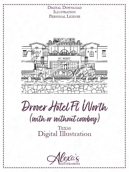 Custom wedding invitation art by Alexa's Illustrations wedding venue Texas Drover Hotel Fort Worth, TX