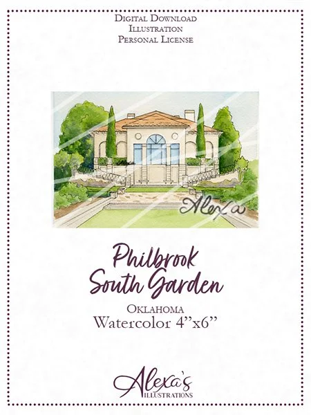 wedding invitation art for philbrook wedding by oklahoma wedding invitation artist Alexa's Illustrations. fine art watercolor painting of Philbrook gardens perfect for wedding invitations and envelope liner. South Garden