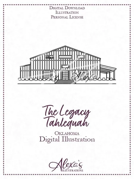 The Legacy Tahlequah, Oklahoma wedding venue illustration by Oklahoma wedding artist Alexa's Illustrations for Legacy wedding invitations