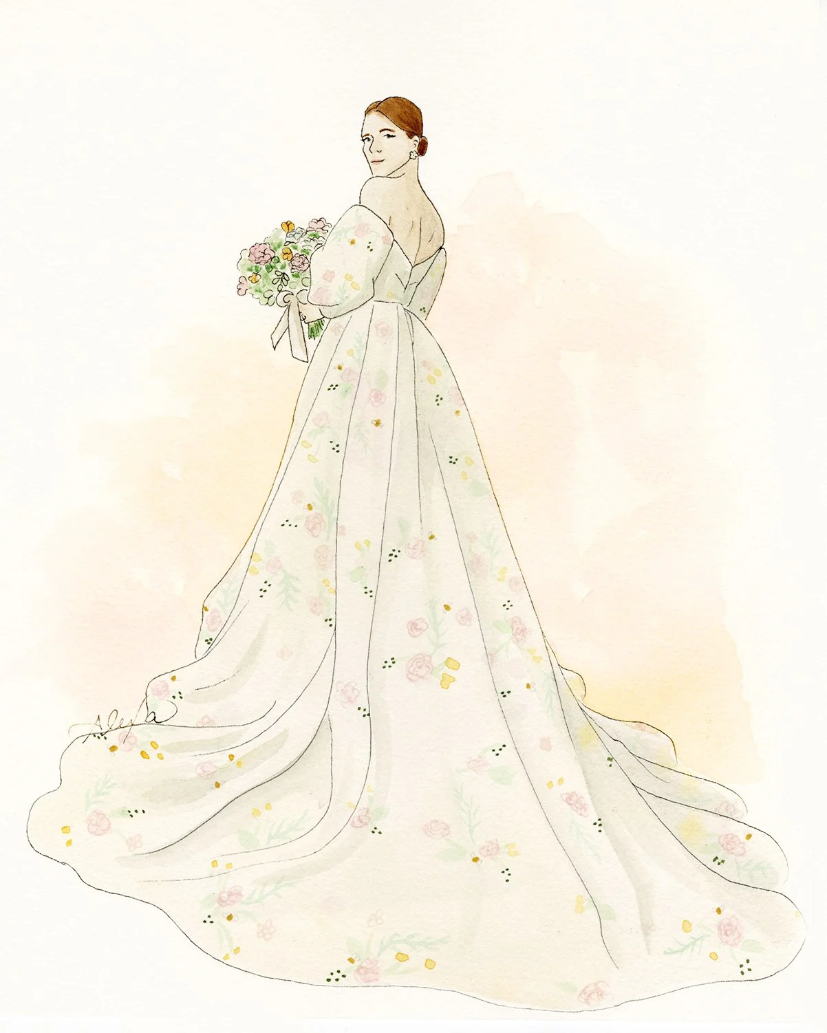 Illustration of a woman in a white, floral wedding gown holding a bouquet of flowers, with her hair styled in an updo, set against a light background.