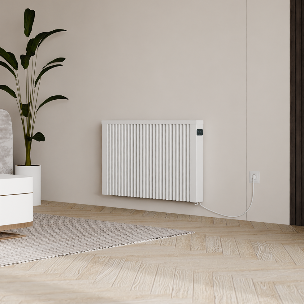 A modern electric oil-filled radiator heater with control panel and castor wheels.