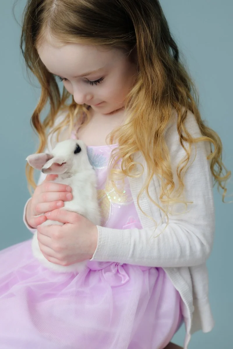 Little girl holds baby bunny during photoshoot against a light blue background