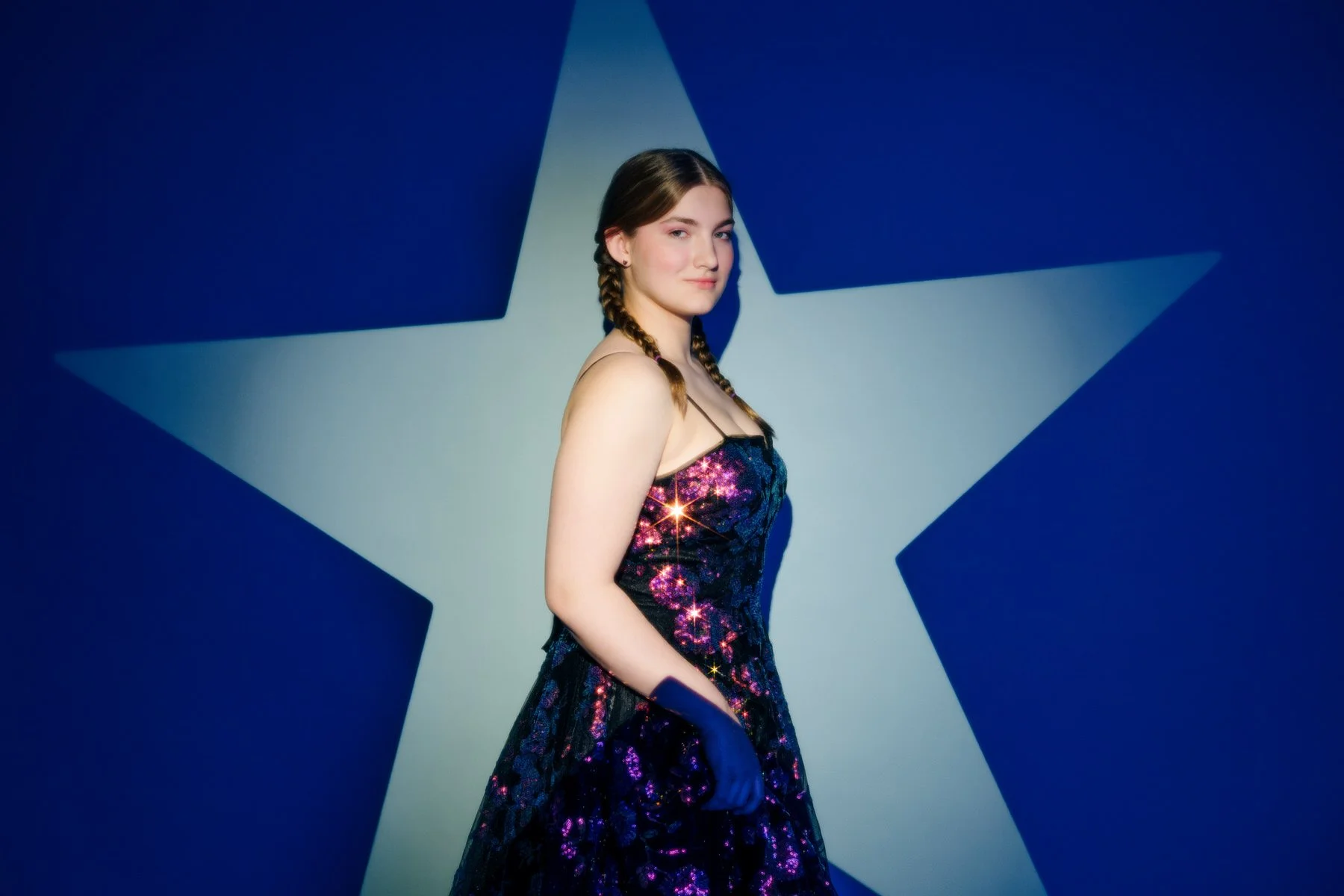 Creative prom portrait with colorful sparkle dress and dramatic lighting, Palmer Alaska