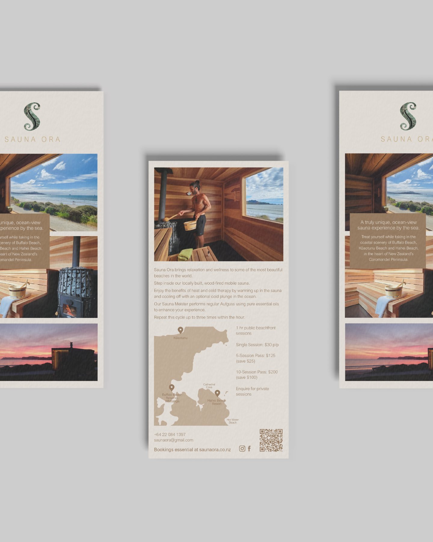 Flyers and signage for @sauna_ora - a wood-fired sauna experience across some of the Coromandel's most beautiful beachside spots - Hahei, Whitianga, and Kūaotunu.

Using their existing logo and website as a basis, the flyer and signs highlight the st