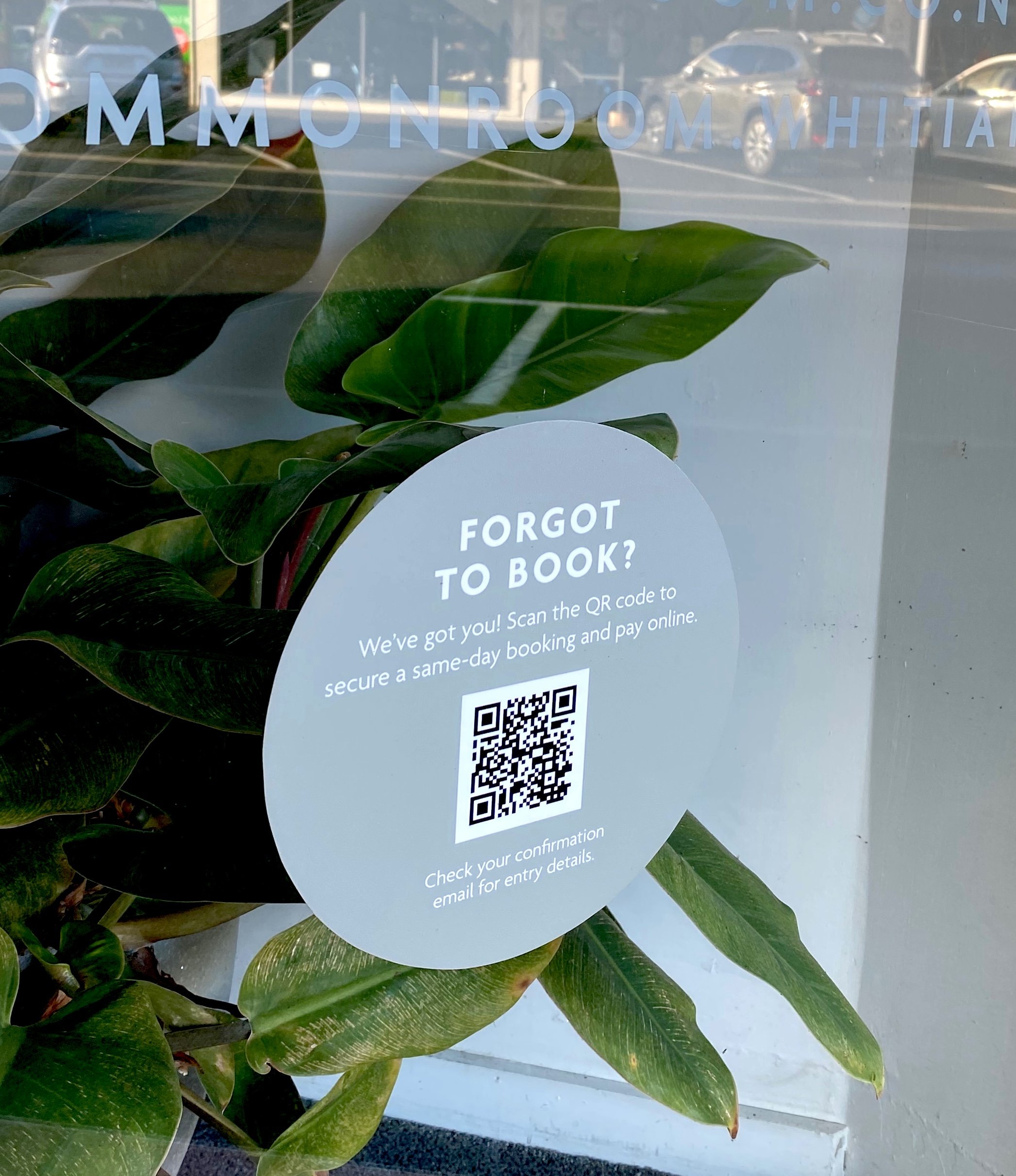 A plant with large green leaves behind a sign on a glass window. The sign has a QR code and instructions for booking and payment.