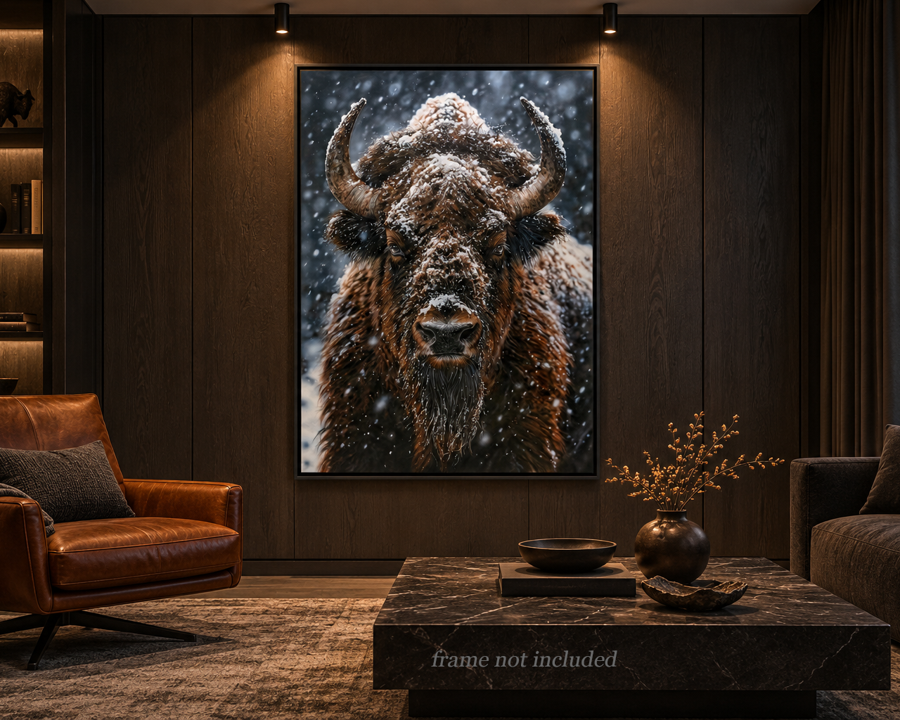 Hyperrealistic painting of a bison facing the viewer, with snow-covered brown fur and curved horns against a dark blue-grey background.