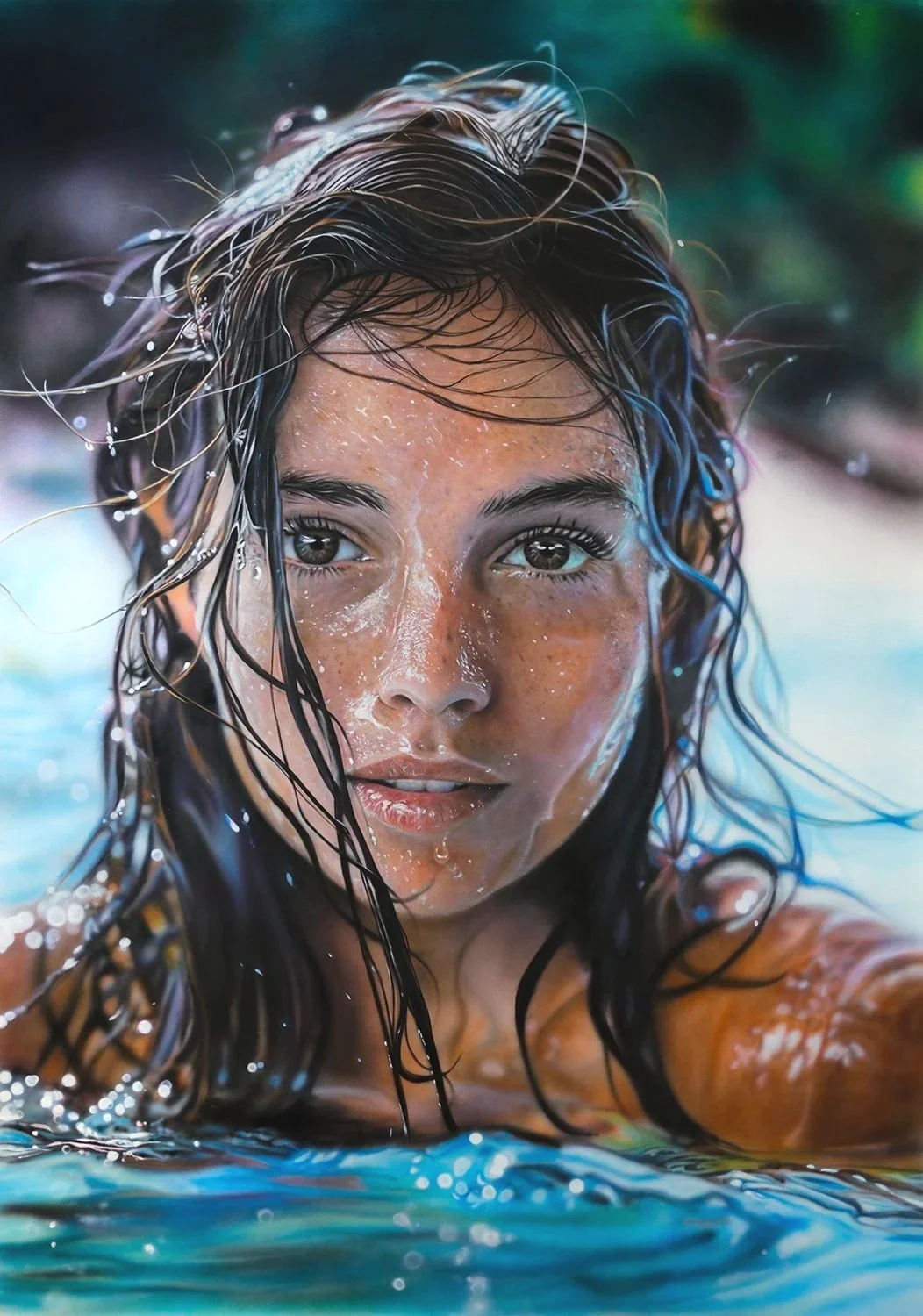 Hyperrealistic painting by Johannes Wessmark. Close-up of a young woman swimming in the water, with wet hair and water droplets on her face, looking directly at the camera.