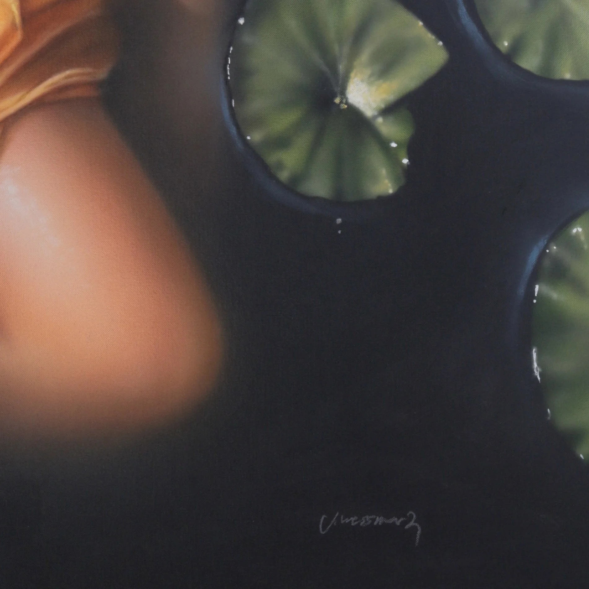 Lily by Johannes Wessmark, a woman in a golden dress floating in dark water among green lily pads and white water lilies.