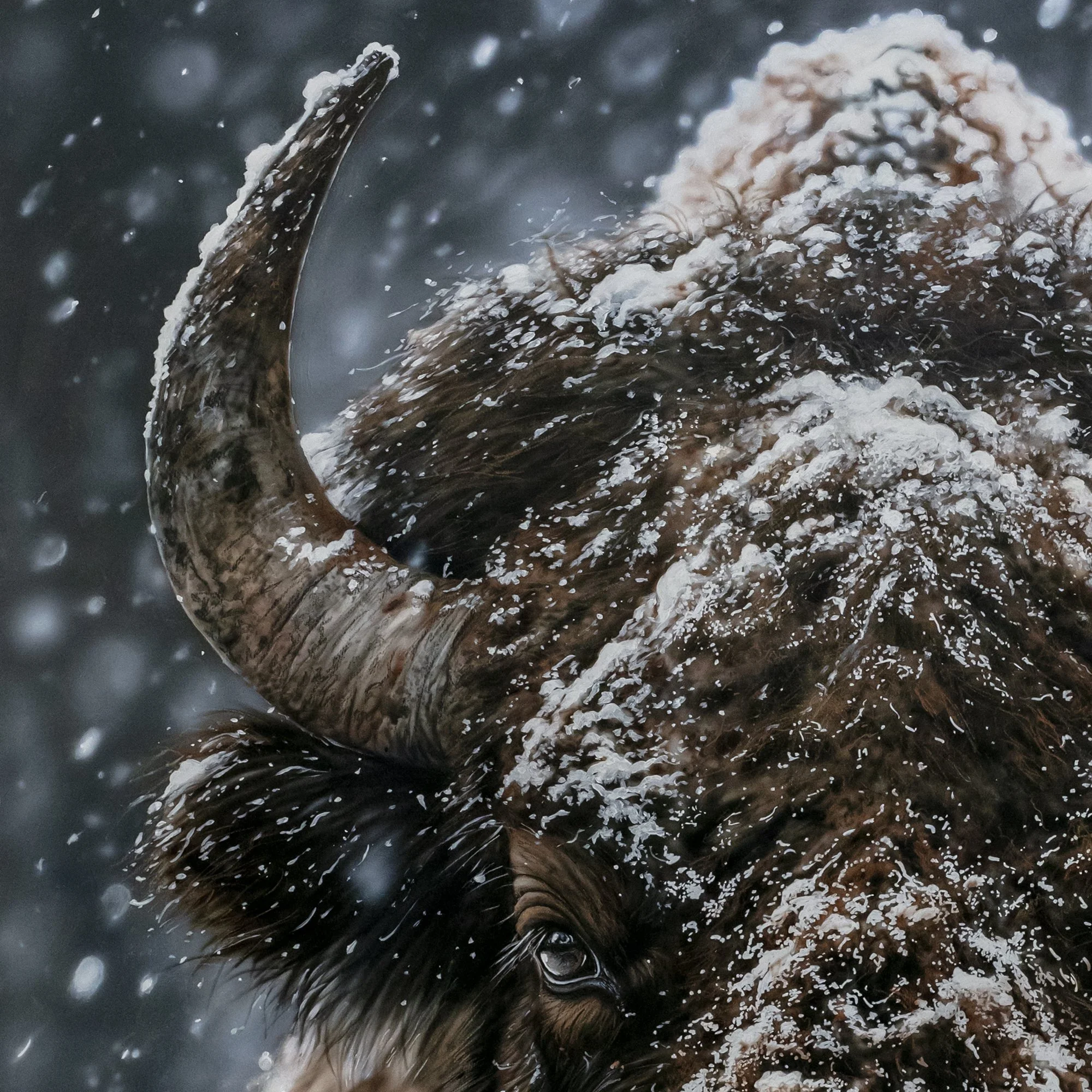 Hyperrealistic painting of a bison facing the viewer, with snow-covered brown fur and curved horns against a dark blue-grey background.