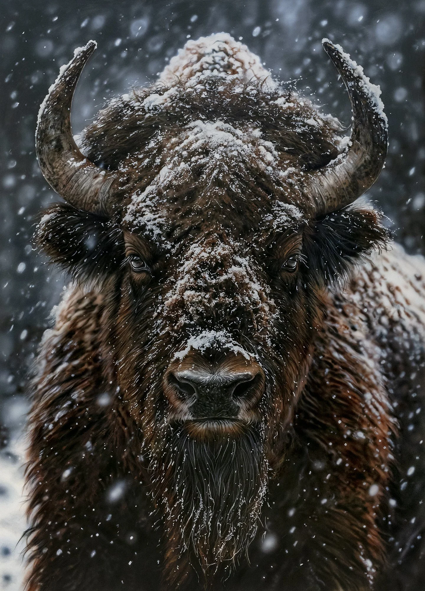 Hyperrealistic painting of a bison facing the viewer, with snow-covered brown fur and curved horns against a dark blue-grey background.