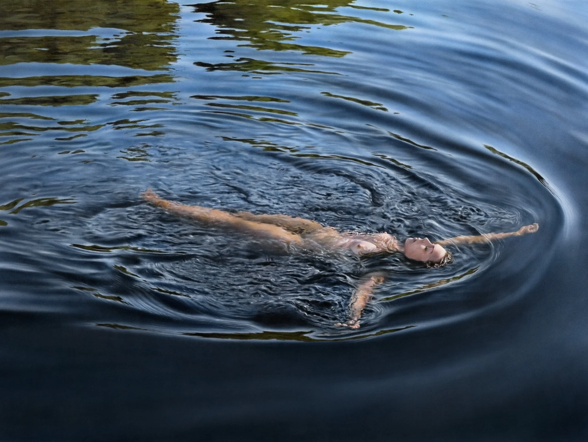 Hyperrealistic painting by Johannes Wessmark. Person floating in a body of water with arms and head above the surface, surrounded by rippling water reflecting trees and sky.